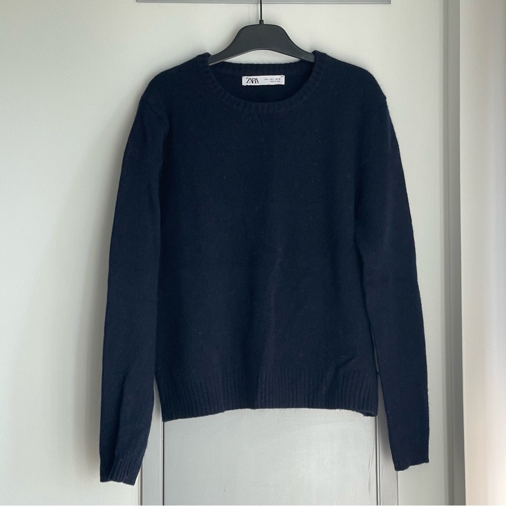 ZARA 100% Wool Navy Crewneck Sweater